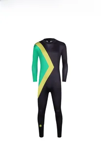 Detailed view of Jamaica Bobsled Team cosplay bodysuit with green and yellow stripes