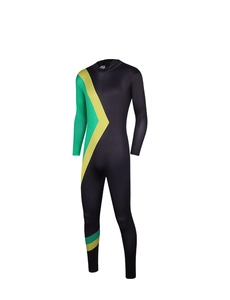 Detail of adult black long sleeve bodysuit with green and yellow V-shaped color block