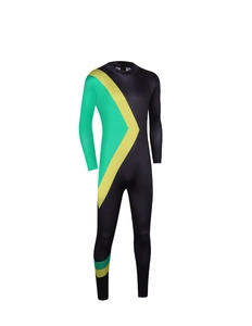 Close-up of the high-elastic athletic jumpsuit with green and yellow geometric patterns