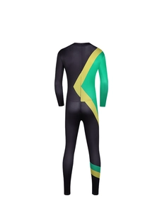 Detailed back view of sleek spandex speed skating suit with green and yellow panels