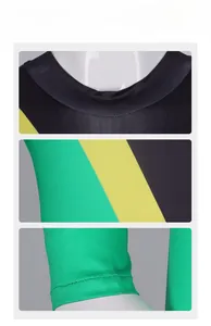 Detail of green and yellow stitching on Jamaican bobsled team spandex bodysuit