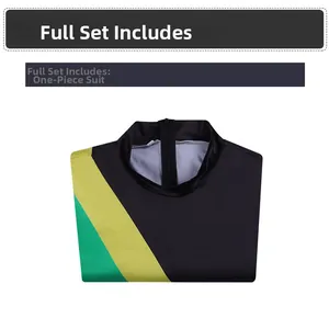 Detail of Jamaican bobsled bodysuit with green and yellow stripes and back zipper