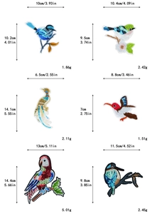 Detailed dimensions and weight for various bird sequin embroidery patches for DIY clothing