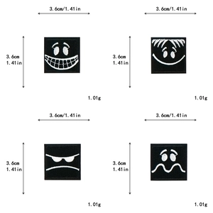 Detailed size chart showing 3.6cm square embroidered patches with funny face expressions