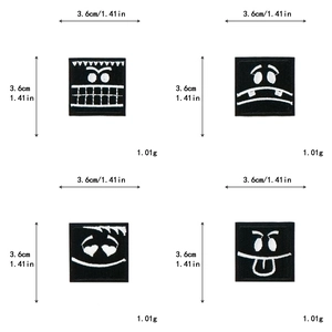 Size specifications for square black funny face embroidered patches measuring 3.6x3.6cm