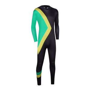 Jamaica bobsled team cosplay bodysuit in black with yellow and green V-shape patterns