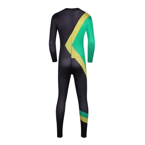 Jamaica bobsled team cosplay bodysuit in black with yellow and green geometric patterns