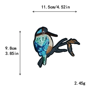 Detailed kingfisher sequin embroidery patch for clothes with dimensions and weight