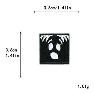 Square black embroidered patch with white surprised face for clothing DIY, 3.6cm size