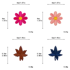 Detailed view of maple leaf and daisy embroidery patches with dimensions and weight