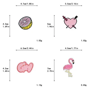 Size chart for pink embroidery patches showing dimensions for lemon, heart and flamingo designs