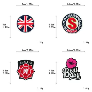Detailed size chart showing dimensions for red skull and embroidered patches