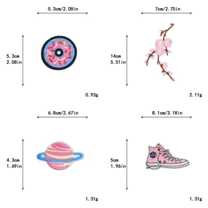 Detailed size chart of pink embroidered patches including donut, flower, planet and shoes