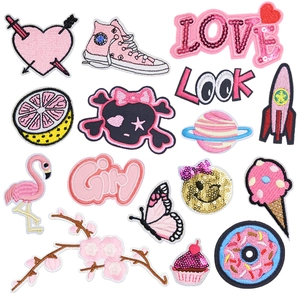 Pink Series Embroidered Patches For Clothes DIY Decorative Iron On Patches Heart Butterfly Rocket Donut Sequined Appliques