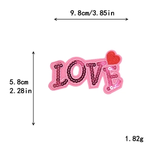 Pink LOVE letter sequin embroidery patch with red heart for DIY clothing decor
