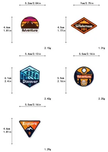 Size chart for 5 adventure theme embroidered patches with precise measurements and weight