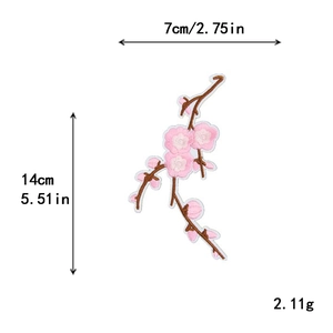 Pink cherry blossom embroidery patch with branches, measuring 14cm by 7cm for DIY crafts