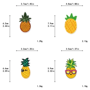 Detailed view of four assorted pineapple embroidery patches with precise size and weight specs