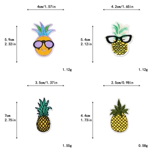 Detailed view of four colorful pineapple embroidery patches with precise size and weight specs