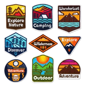 Outdoor Camping Theme Embroidery Patches Mountains Forest Tent Design Iron On Sew On Decorative Patches For Backpack Clothes DIY Decor