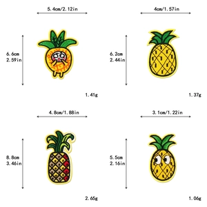 Detailed size chart for four styles of embroidered pineapple DIY patches for clothing