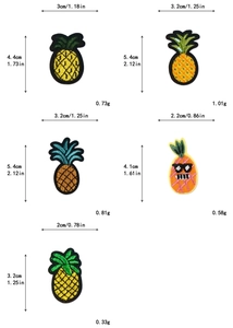 Detailed size chart for pineapple embroidered patches showing dimensions and weight per piece