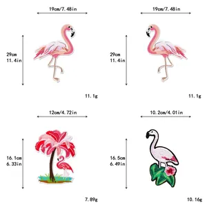 Size chart showing flamingo embroidery patches with dimensions in cm and inches for DIY crafts
