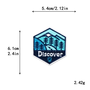 Embroidered hexagon mountain patch with Discover text for jackets and backpacks