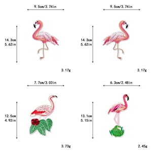 Size chart showing embroidered pink flamingo patches with specific dimensions and weights