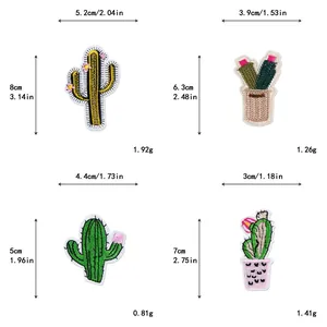Gedetailleerde maattabel voor vier cactus borduurpatches met afmetingen in cm en inches