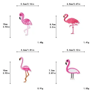 Size chart showing dimensions and weights for pink flamingo embroidered patches DIY decor