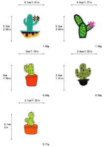 Maattabel met afmetingen en gewicht voor vijf cactus borduurwerk patches DIY