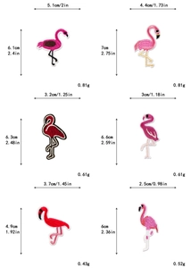 Detailed size chart for pink flamingo embroidered patches with precise measurements