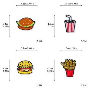 Lot d'écussons brodés burger, frites et soda avec dimensions précises pour décoration
