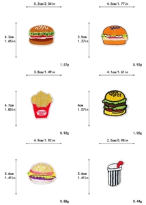 Tableau des tailles pour patchs brodés de fast-food incluant burgers et frites