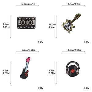 Detail view of music patches with dimensions for guitar, tape, and headphones embroidery