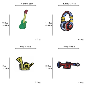 Detailed dimensions of music theme embroidered patches including guitar and headset