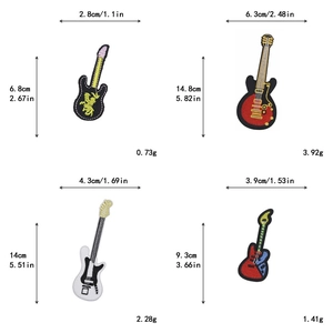 Detailed size chart for four unique embroidered guitar patches with precise dimensions