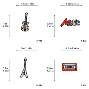 Detail view of embroidered guitar and music patches with precise size and weight measurements