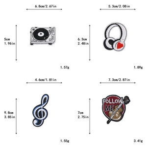 Detailed size chart for music themed embroidered patches including records and headphones