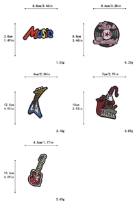 Detailed dimensions and weight chart for embroidered music instrument and guitar patches