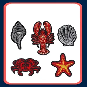 Realistic Ocean Animal Embroidery Patch Lobster Crab Starfish Shell Applique Fabric Iron On Sew On Patches For Clothing Bag DIY Decoration