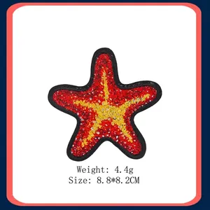 Starfish embroidery patch in red and yellow, 8.8x8.2cm decorative starfish iron-on badge