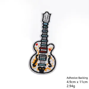 Guitar embroidered patch for DIY clothing decoration with adhesive backing 4.9x11cm