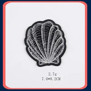 Seashell embroidery patch for clothing with silver thread and 7.0x8.2cm dimensions