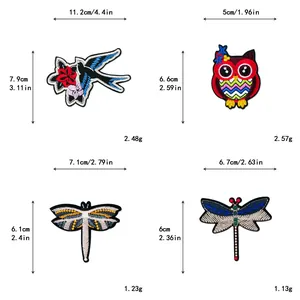 Size chart for swallow, owl, and dragonfly embroidered patches with dimensions and weight