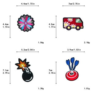 Detail view of colorful computer embroidery patches with dimensions and weight data