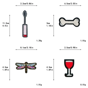 Detailed size chart for bone and dragonfly embroidered patches for DIY crafts