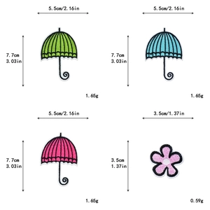 Tabla de tallas detallada para parches bordados de paraguas y flores con dimensiones