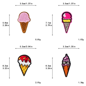 Detailansicht Cartoon-Eis-Stickflicken-Set mit Größenangaben und Gewichtsangaben